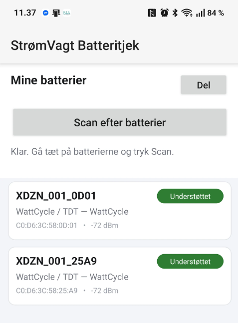 Skærmbillede af appen StrømVagten™ Batteritjek, der finder kompatible batterier